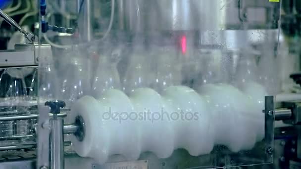 Nastro trasportatore della fabbrica del latte. Industria casearia. Linea di produzione del latte — Video Stock