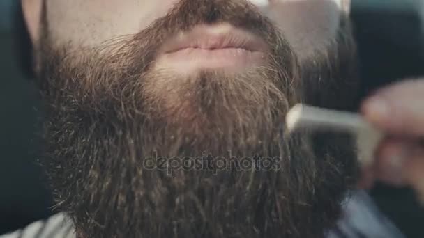 Péče o mužských vousů. Mužský účes. Holič vousy. Mužské ruky česání vlasy vousy — Stock video