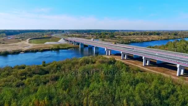 Aerial bridge landskap. Aerial vägbro. Highway road ovanför floden — Stockvideo
