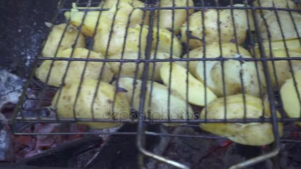 Fresh potatoes cooking on barbeque grill on summer picnic at nature — Stock Video