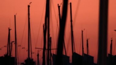 Manzara yat siluet duran seaport akşam. Sunst yat. Tekne bağlantı noktası