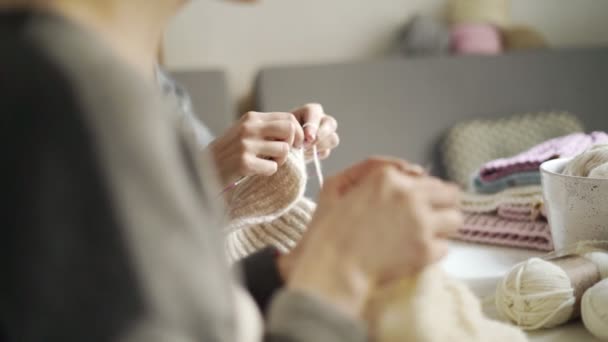 Due donne che lavorano a maglia aghi vestiti di lana. hobby donna — Video Stock