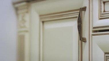 Mutfak dolap kapı açılması ve raf içinde beyaz tabak alarak kadın el