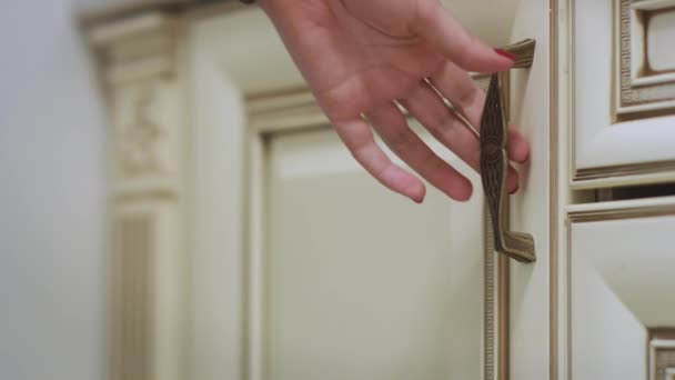 Женщина открывает дверь кухонного шкафа и кладет белую тарелку на полку внутри — стоковое видео