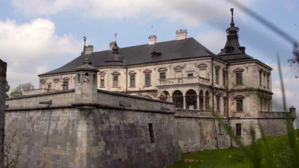 Old castle made from gray stones. Birds fly in cloudy sky above antique palace — Stock Video