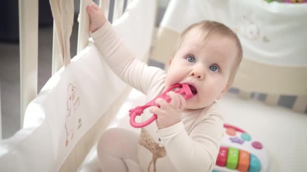 Bebé recién nacido royendo juguete de plástico en la cama. Pequeño niño jugando juguetes — Vídeos de Stock