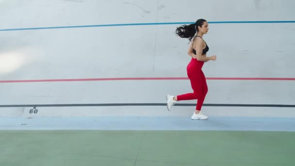 Fitt lány fut kardio edzés szabadban. Női futóedzés a stadionban — Stock videók