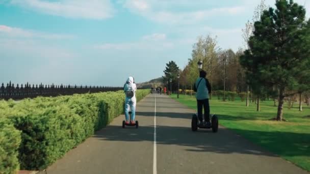 Pareja joven moviéndose en segway en el parque. Turistas activos consiguiendo tour segway — Vídeo de stock