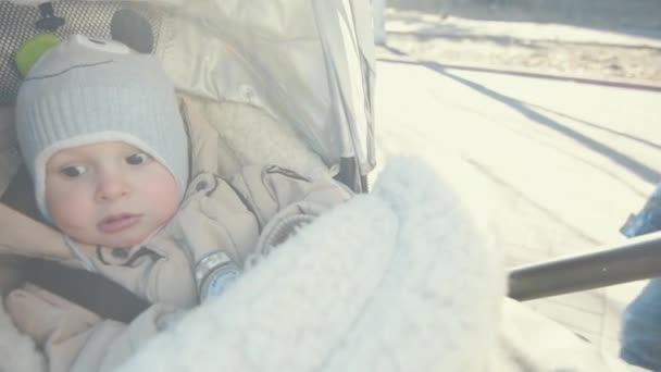 Small kid sitting at baby carriage outdoor. Little boy getting vitamin d at park — Stok video