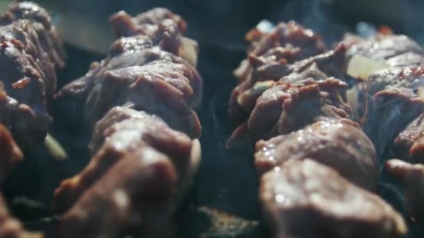 Nahaufnahme leckeres Schweinefleisch Schaschlik Grillen im Freien. geräucherte Schweinebraten mit Zwiebeln — Stockvideo