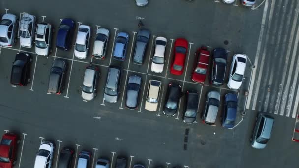 Drone latający nad parkingiem w pobliżu centrum handlowego. Helikopter filmujący ludzi spacerujących na parkingu — Wideo stockowe