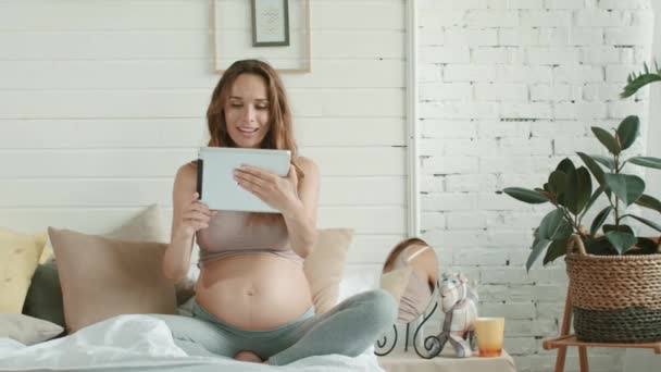 Femme enceinte parlant lit de chat vidéo. Femme enceinte tenant un comprimé à la maison — Video