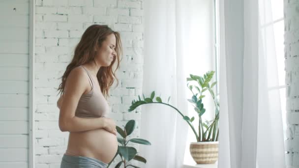 Esperando que la madre sintiera dolor en casa. Primer plano embarazada de pie ventana — Vídeos de Stock