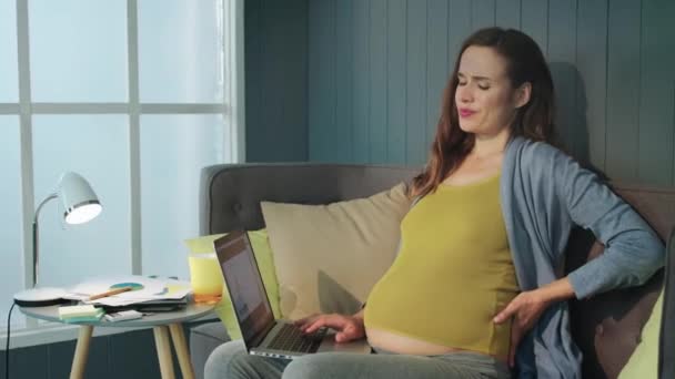 Nahaufnahme Schwangere Geschäftsfrau mit Rückenschmerzen. Schwangere arbeitet mit Laptop. — Stockvideo