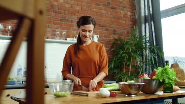 Frau schneidet Tomate auf Schneidebrett. Mädchen wirft Gemüse in Salatschüssel. — Stockvideo