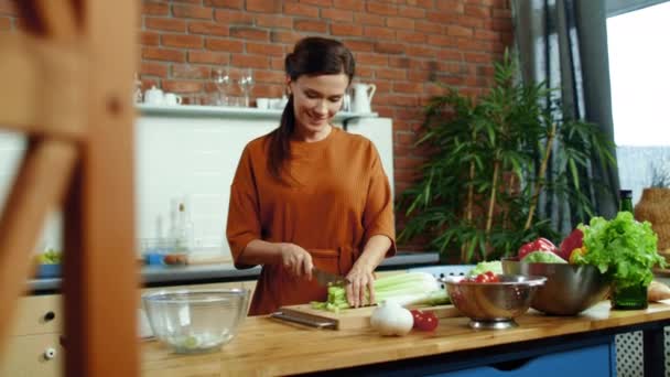 Frau schneidet Gemüse für Salat in der Küche. Hausfrau kocht gesunde Mahlzeit. — Stockvideo