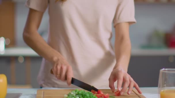 Mujer picando verduras en la cocina. Ama de casa preparando ensalada para la cena — Vídeos de Stock