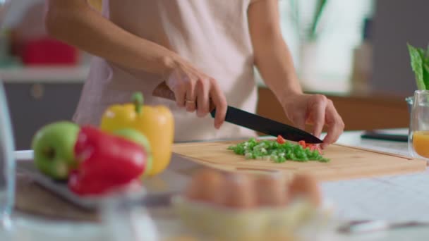 Dona de casa cortando legumes na cozinha.Senhora comendo tomate cereja em câmera lenta — Vídeo de Stock