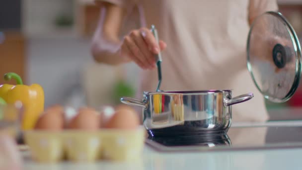 Chef mulher cozinhar sopa no fogão. Satisfeito dona de casa degustação refeição com colher — Vídeo de Stock