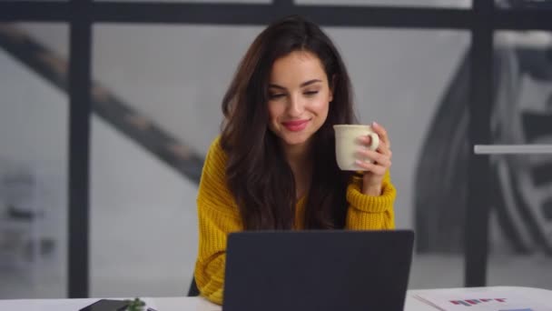 Primer plano mujer de negocios buscando portátil. Chica sonriente bebiendo té cerca del cuaderno — Vídeos de Stock