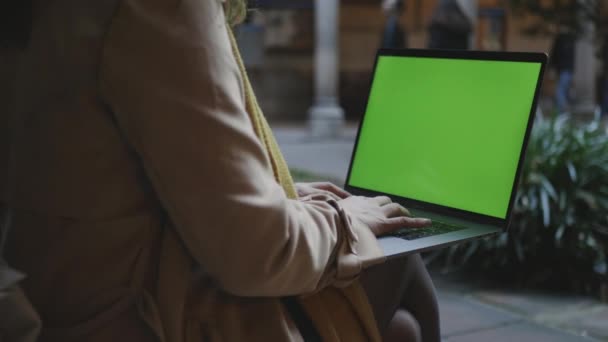 Estudiante manos trabajando portátil con pantalla verde. Mujer de negocios escribiendo en el ordenador portátil — Vídeo de stock