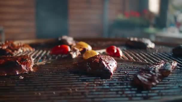 Close up of grilled meat and vegetables on spinning grill. Bbq grilling outside. — Stock Video