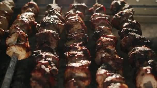 Шашлыки гриль на открытом огне на открытом воздухе. Bbq cooking on backyard — стоковое видео
