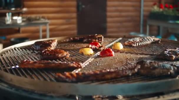 Zamknij BBQ na piknik na zewnątrz. Grillowane mięso i warzywa na zewnątrz — Wideo stockowe