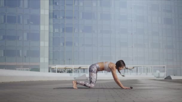 Gadis yang menghadap ke atas anjing berpose di luar. Wanita berlatih yoga di jalan kota — Stok Video