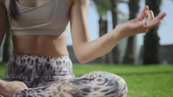Mujer sentada en loto posando en el parque. Fit chica mostrando gyan mudra al aire libre — Vídeos de Stock