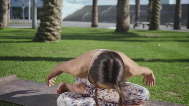 Een mediterende vrouw in het park. dame zitten in lotus poseren op yoga mat buiten — Stockvideo