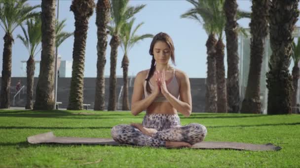 Mujer atractiva sentada en la pose de loto en la hierba. Entrenador practicando yoga en parque — Vídeos de Stock