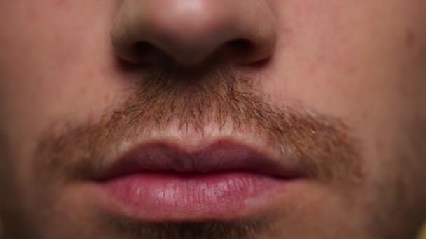 Homme barbu souriant à la caméra. Un adulte qui montre des dents. Macro shot visage masculin — Video