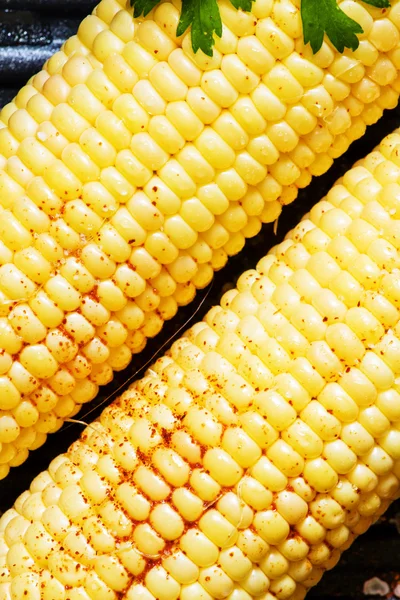 Corn, prepared for roasting on a grill with spices — Stock Photo, Image