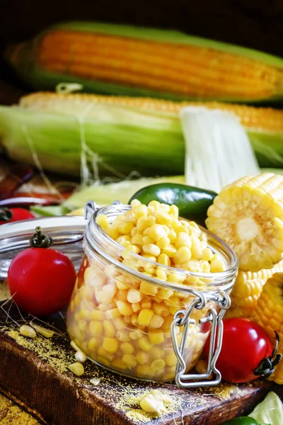 Preserved corn in a glass jar — Stock Photo, Image