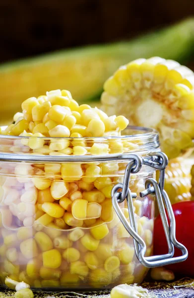 Preserved corn in a glass jar — Stock Photo, Image