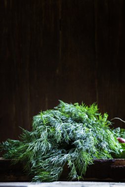 Eski bir huş panosuna taze dereotu