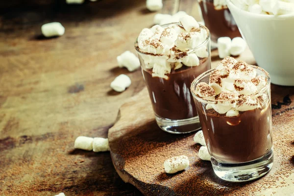 Liquid chocolate with marshmallow sprinkled with cocoa powder — Stock Photo, Image