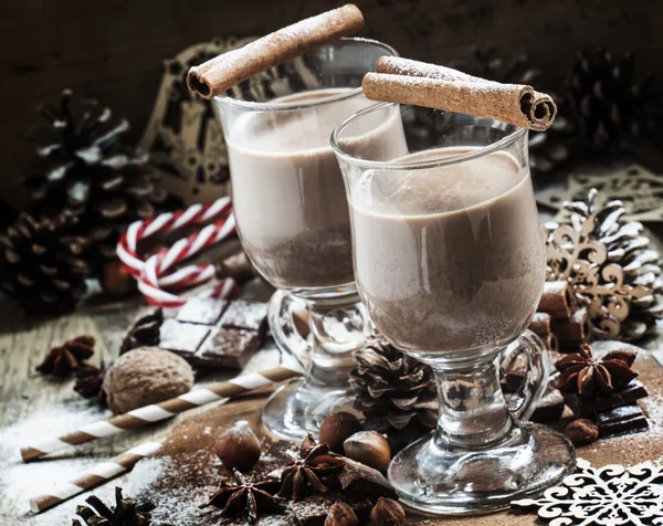 Cacau quente com canela, chocolate e nozes — Fotografia de Stock