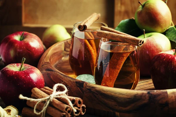 Apfelsaft mit Zimt im Glas und frischen Äpfeln — Stockfoto
