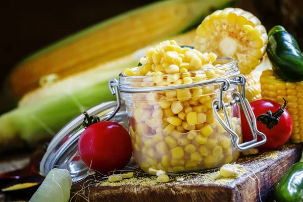 Canned corn and spices — Stock Photo, Image