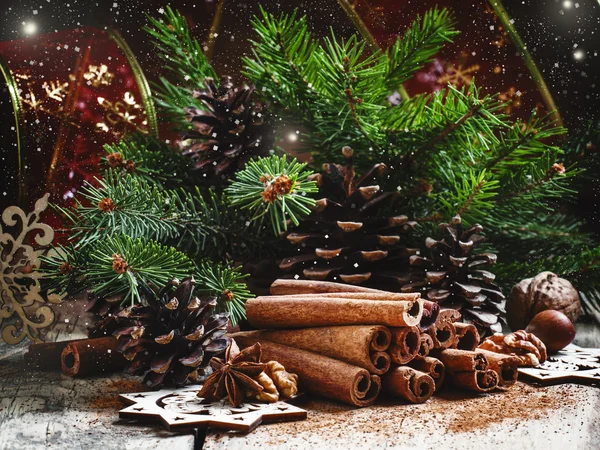 Bastoncini di cannella e anice stellato nella decorazione natalizia — Foto Stock