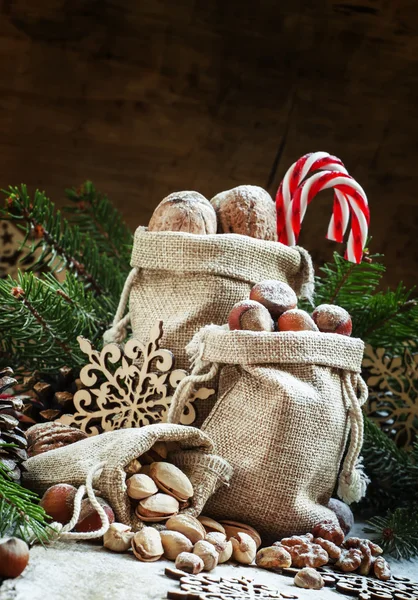 Walnuts, hazelnuts and pistachios in a canvas bags — ストック写真