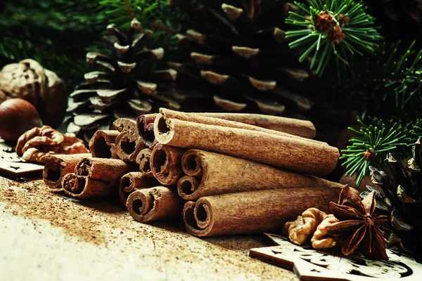 Kaneelstokjes en steranijs in de decoratie van Kerstmis — Stockfoto