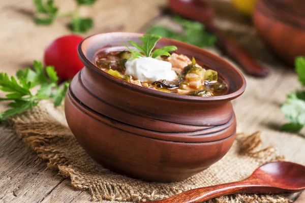 Sopa com carne e salsichas com legumes e azeitonas — Fotografia de Stock