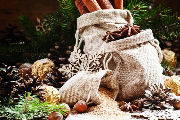 Weihnachtsstimmung: Gewürze, Bonbons, Zapfen und Nüsse mit Tannenpfoten — Stockfoto
