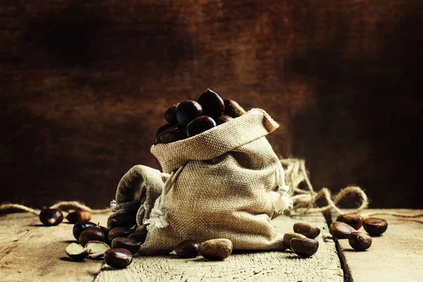 Fresh edible chestnuts in a canvas bags — Stock Photo, Image