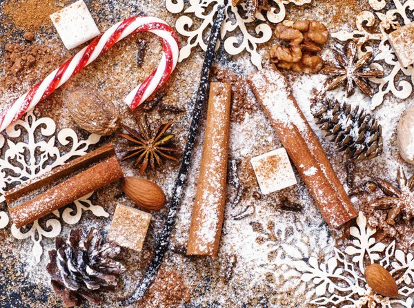 Kerstmis of Nieuwjaar achtergrond van kruiden, noten, kegels en sneeuwvlokken — Stockfoto