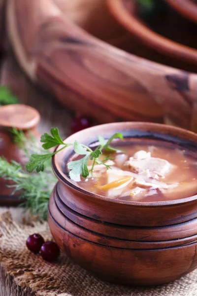 소금에 절인 양배추, 고기, 토마토로 만든 수프 — 스톡 사진