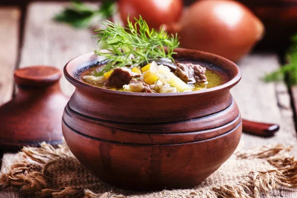 Soup with mushrooms, beef and barley — Stock Photo, Image
